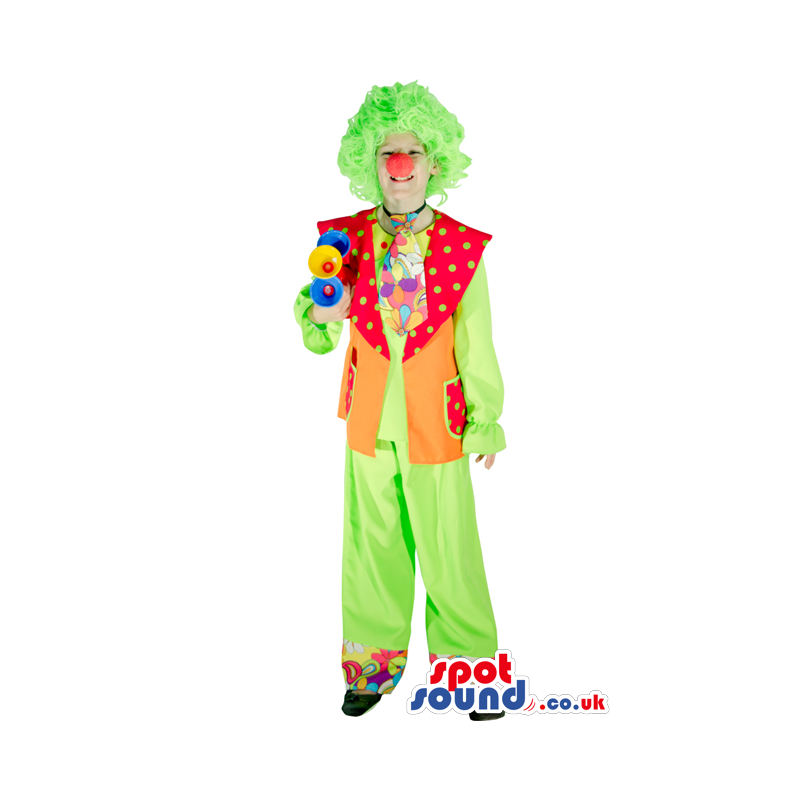 Clown Adult Size Costume With Green Wig And Red Nose - Custom