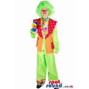Clown Adult Size Costume With Green Wig And Red Nose - Custom