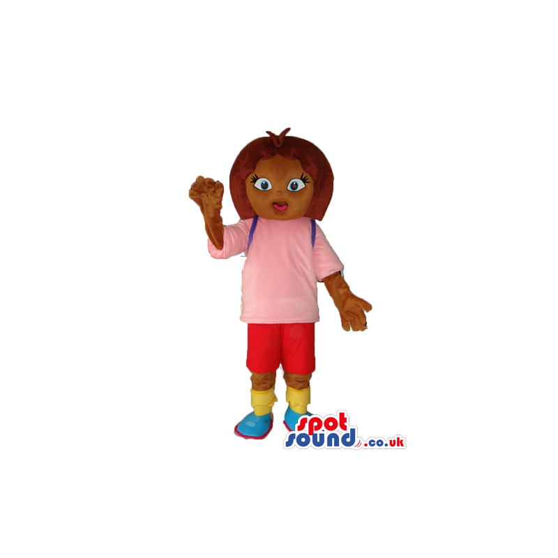Brown Girl Cartoon Mascot Wearing Pink And Red Clothes. -