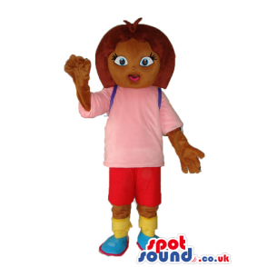 Brown Girl Cartoon Mascot Wearing Pink And Red Clothes. -