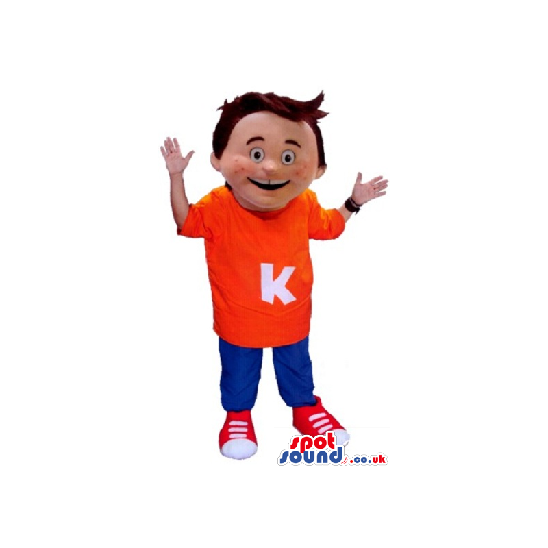 Happy Boy Mascot Wearing Blue And Red Clothes With Letter K -