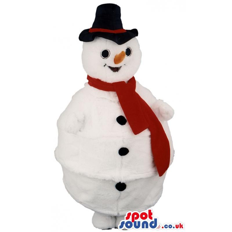 Snow man mascot with yellow nose, a red muffler and black hat -