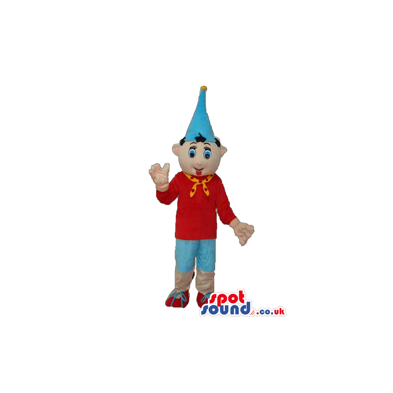 Fantasy Boy Mascot Wearing Blue And Red Clothes And Party Hat -