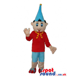 Fantasy Boy Mascot Wearing Blue And Red Clothes And Party Hat -