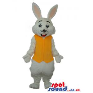 White Rabbit Plush Mascot Wearing A Yellow Vest - Custom Mascots