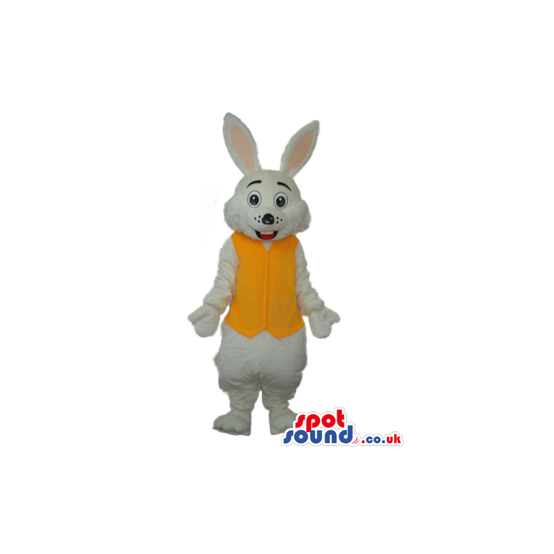 White Rabbit Plush Mascot Wearing A Yellow Vest - Custom Mascots