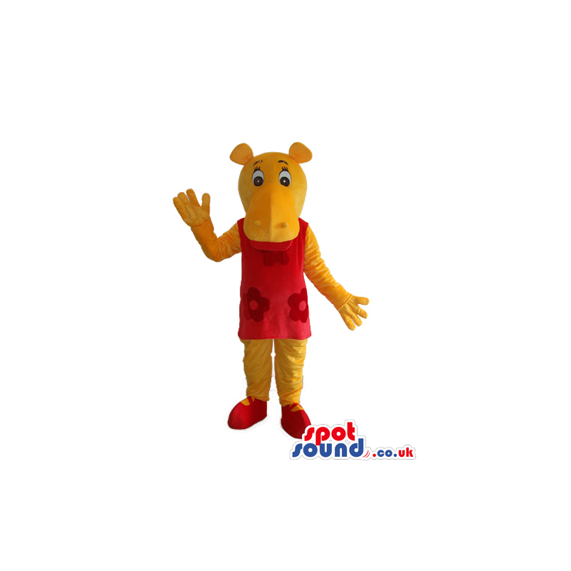 Cute Yellow Hippopotamus Girl Mascot Wearing A Red Dress -