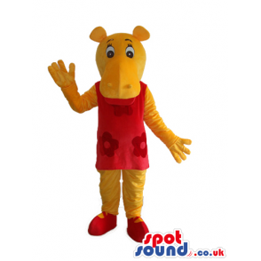 Cute Yellow Hippopotamus Girl Mascot Wearing A Red Dress -