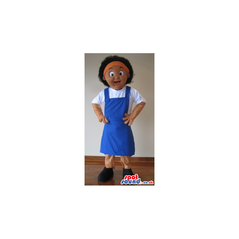 Girl Character Mascot Wearing A White T-Shirt And Blue Apron -