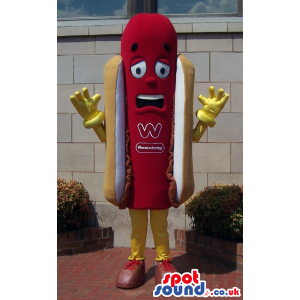 Worried Hot-Dog Plush Mascot With Logo And Yellow Gloves -