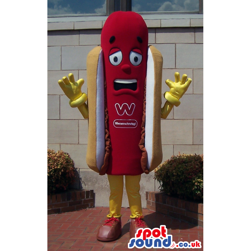 Worried Hot-Dog Plush Mascot With Logo And Yellow Gloves -