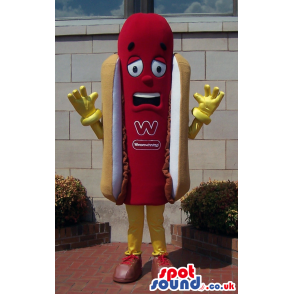 Worried Hot-Dog Plush Mascot With Logo And Yellow Gloves -