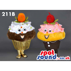 Two Cupcake Food Mascots With Big Fruit And Colorful Frosting -