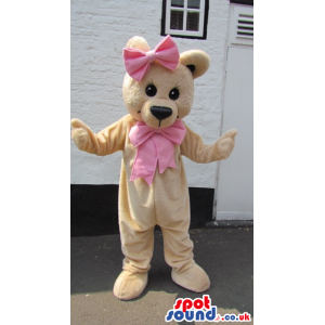 Cute Beige Teddy Bear Plush Mascot Wearing Two Pink Ribbons -
