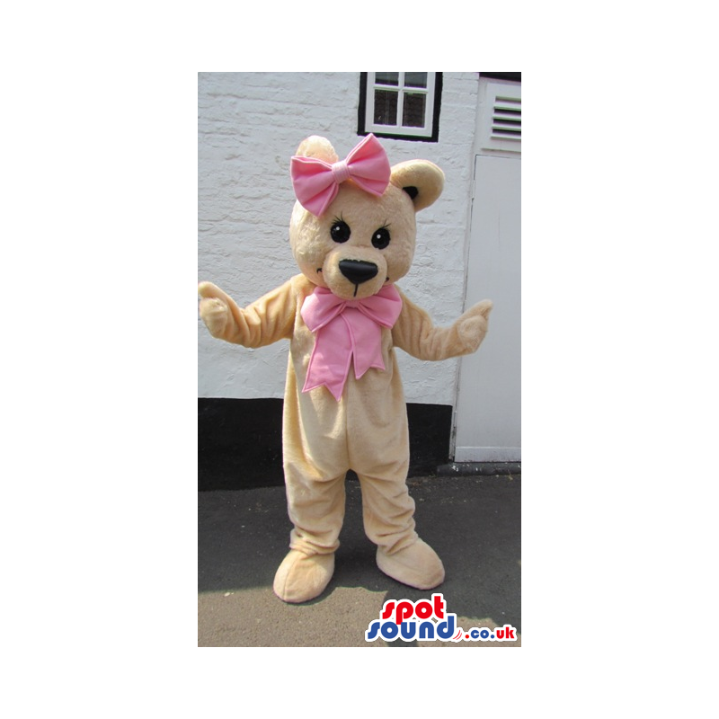 Cute Beige Teddy Bear Plush Mascot Wearing Two Pink Ribbons -