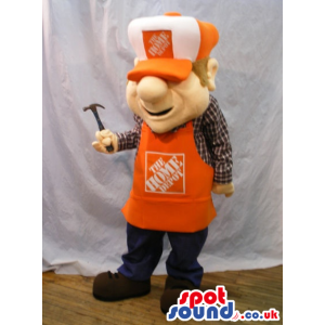 Human Mascot Wearing An Orange Apron With Logo And Cap - Custom