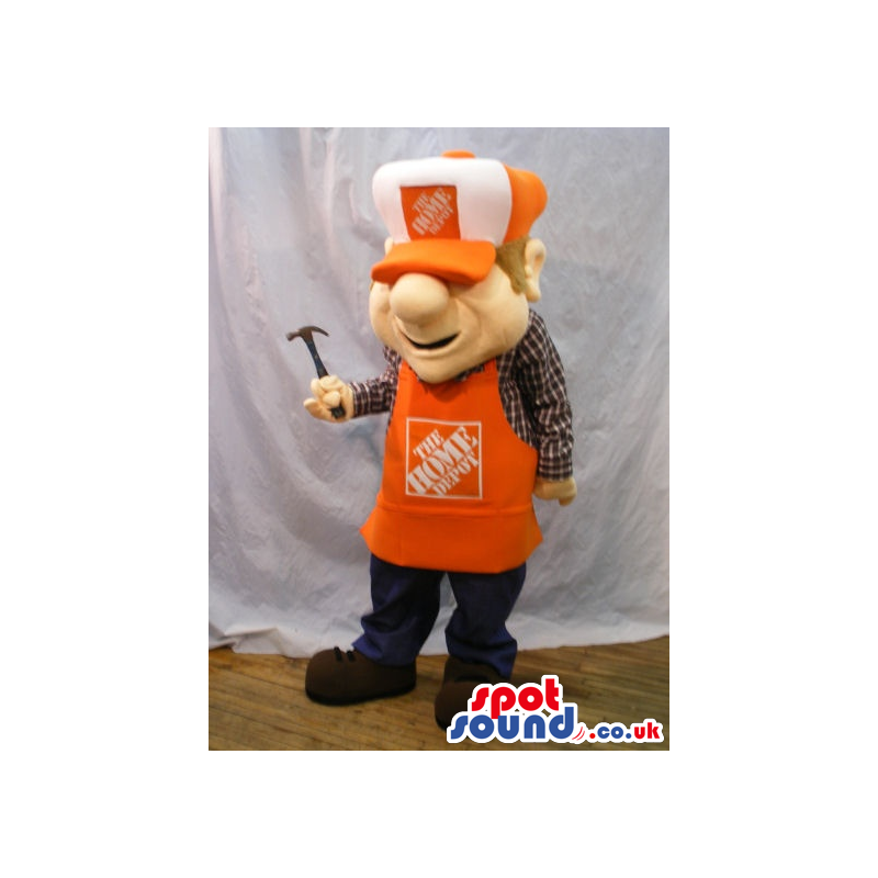 Human Mascot Wearing An Orange Apron With Logo And Cap - Custom