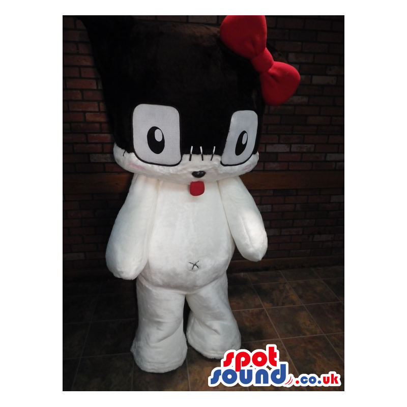 White And Black Cute Plush Mascot With A Red Ribbon And Tongue