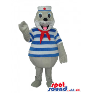 Cute Grey Seal Water Animal Mascot Wearing Sailor Clothes -