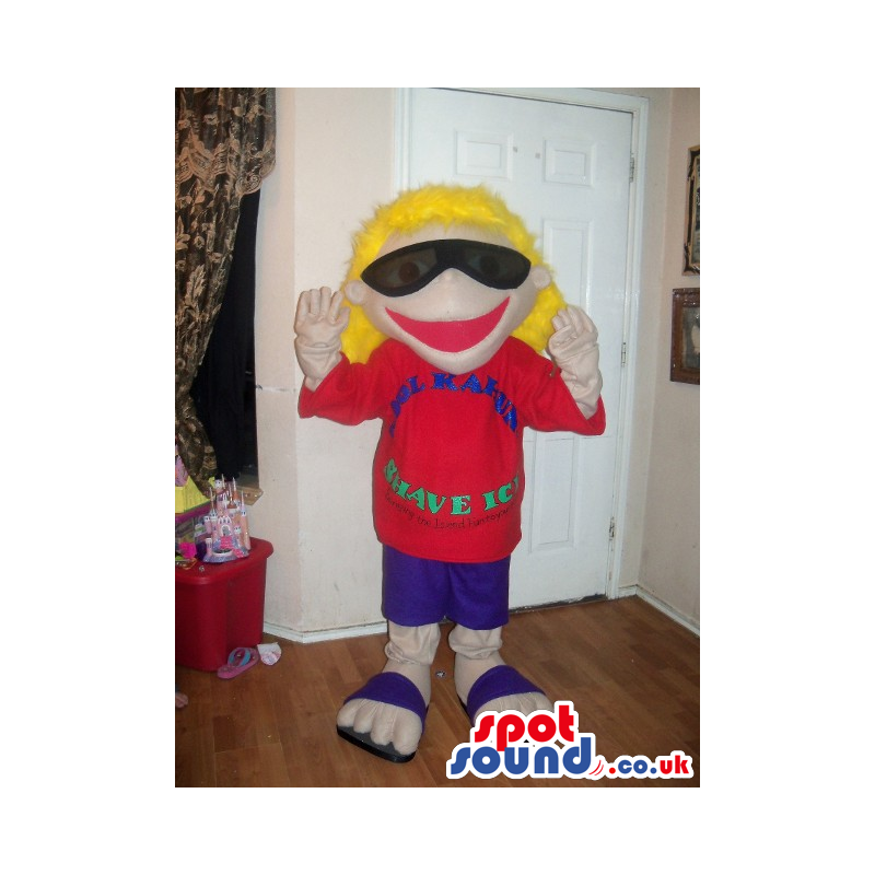 Blond Boy Plush Mascot Wearing Sunglasses And A Red T-Shirt -