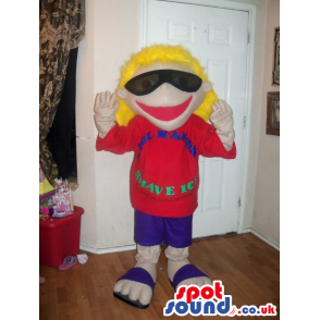 Blond Boy Plush Mascot Wearing Sunglasses And A Red T-Shirt -
