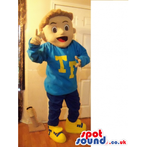 Blond Boy Plush Mascot Wearing A Blue Sweatshirt With Letters -