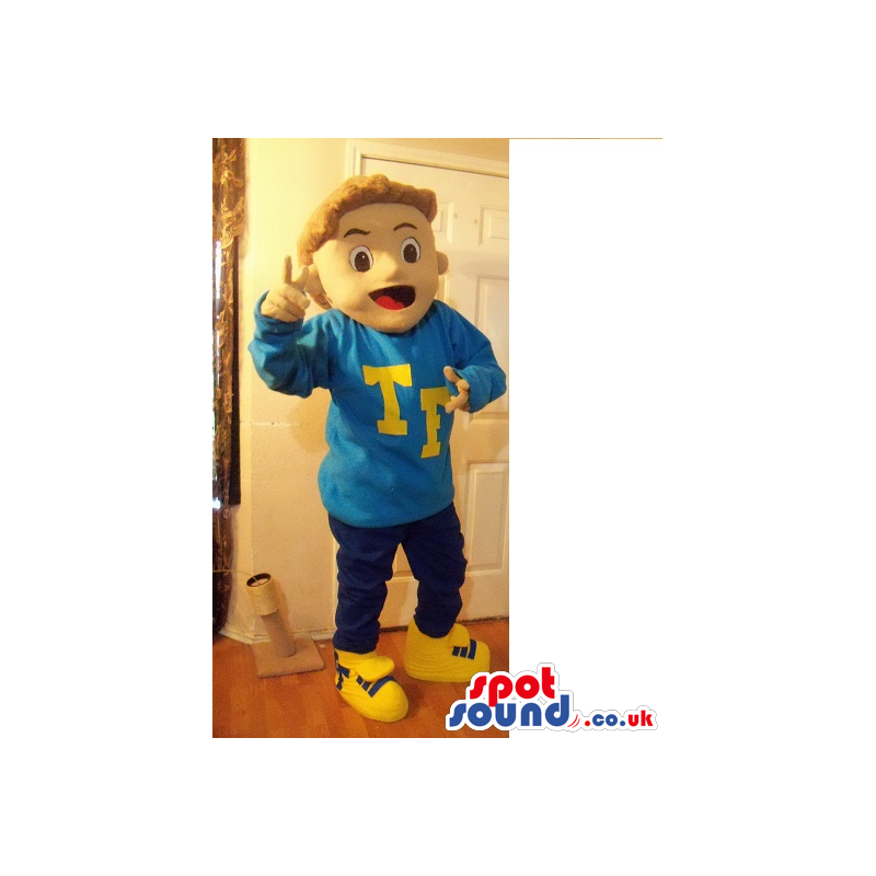 Blond Boy Plush Mascot Wearing A Blue Sweatshirt With Letters -