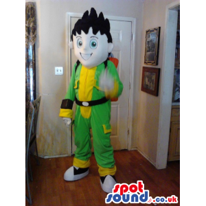 Boy Plush Mascot Wearing Green And Yellow Garments And A