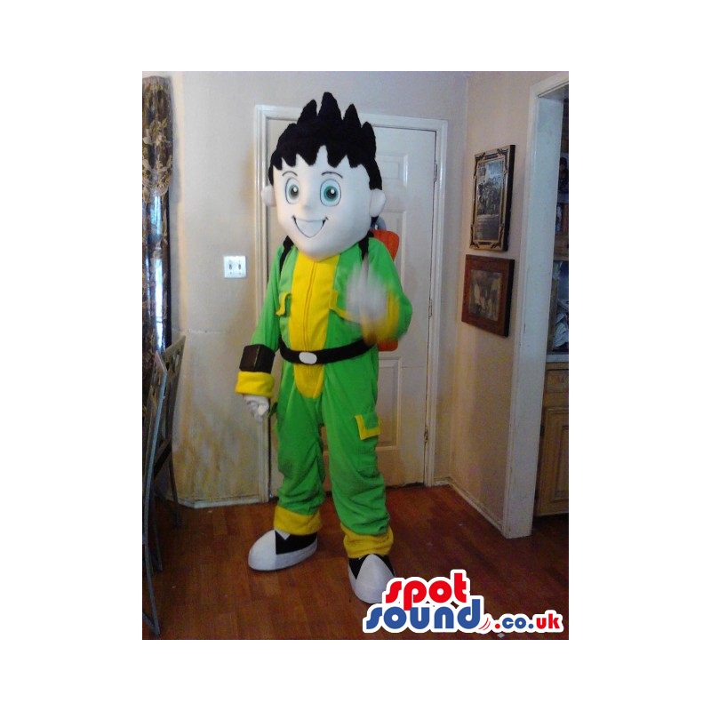 Boy Plush Mascot Wearing Green And Yellow Garments And A