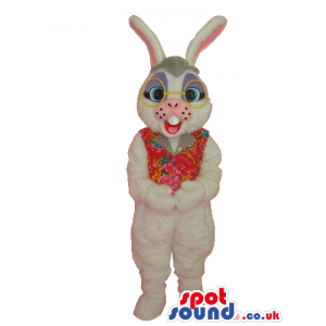 White Bunny Plush Mascot Wearing Glasses And A Flowery Vest -