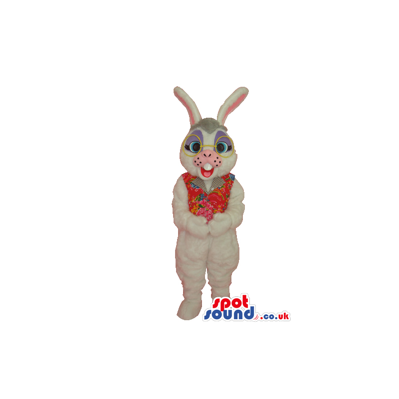 White Bunny Plush Mascot Wearing Glasses And A Flowery Vest -