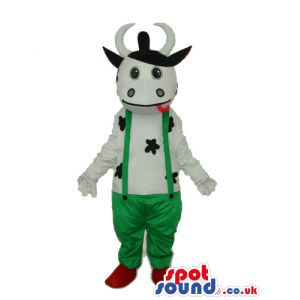 Cute Cow Animal Plush Mascot Wearing Green Overalls - Custom