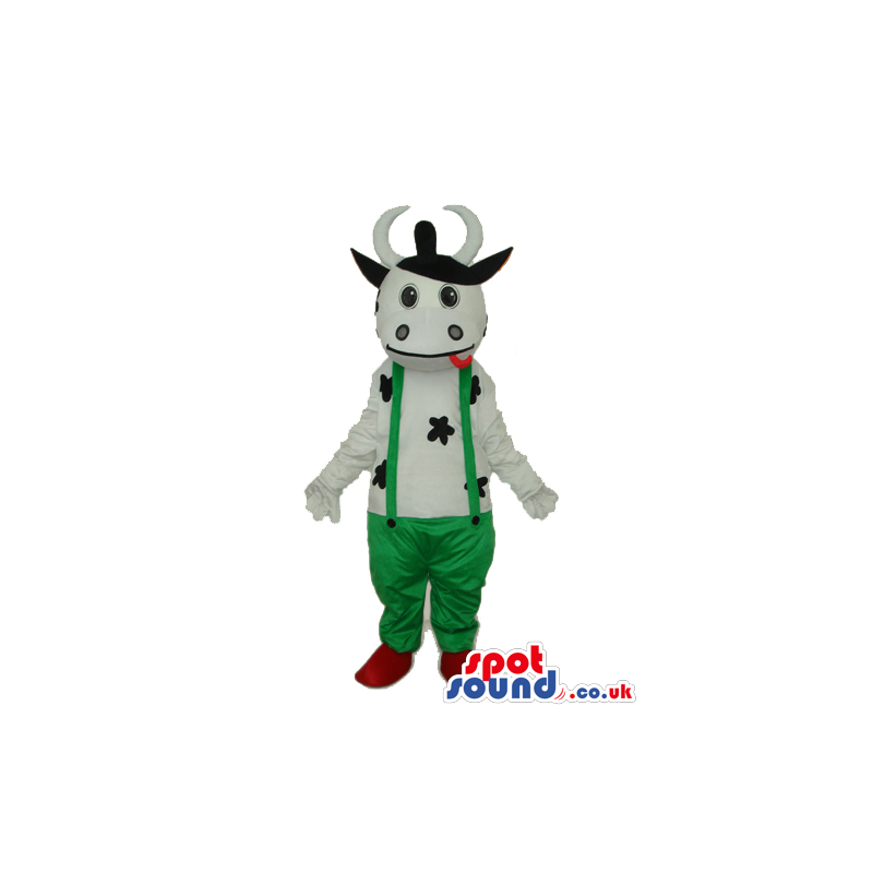 Cute Cow Animal Plush Mascot Wearing Green Overalls - Custom