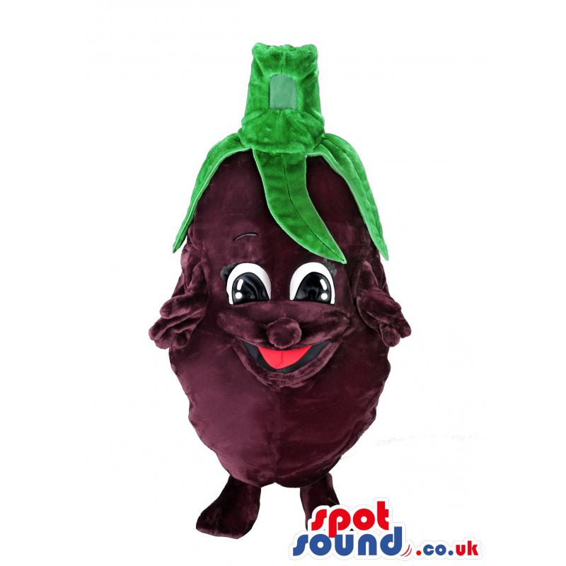 Eggplant mascot with the green leaves on top making his hair -