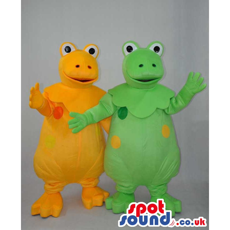 Two Fantasy Frog Couple Plush Mascots In Green And Yellow -