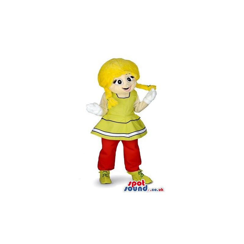 Girl mascot with pick tails, red and yellow outfit and yellows