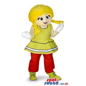 Girl mascot with pick tails, red and yellow outfit and yellows