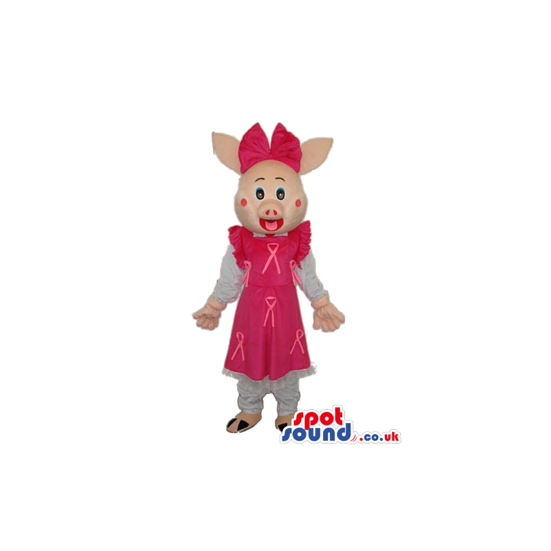 Cute Pig Girl Mascot Wearing A Pink Dress And Big Bow - Custom