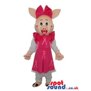 Cute Pig Girl Mascot Wearing A Pink Dress And Big Bow - Custom