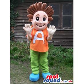 Boy mascot with a orange t-shirt and in green pants - Custom