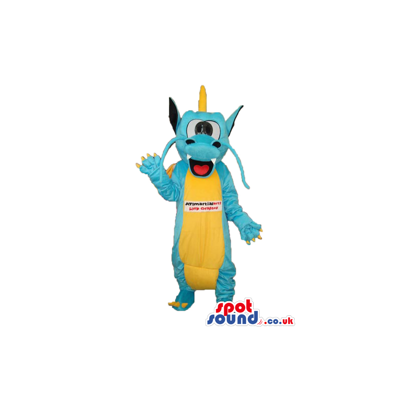 Exotic Blue Dragon Plush Mascot With Yellow Belly And Text -