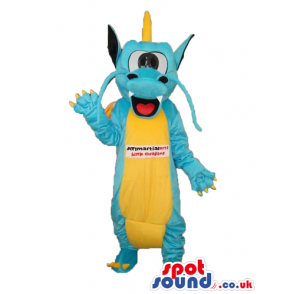 Exotic Blue Dragon Plush Mascot With Yellow Belly And Text -