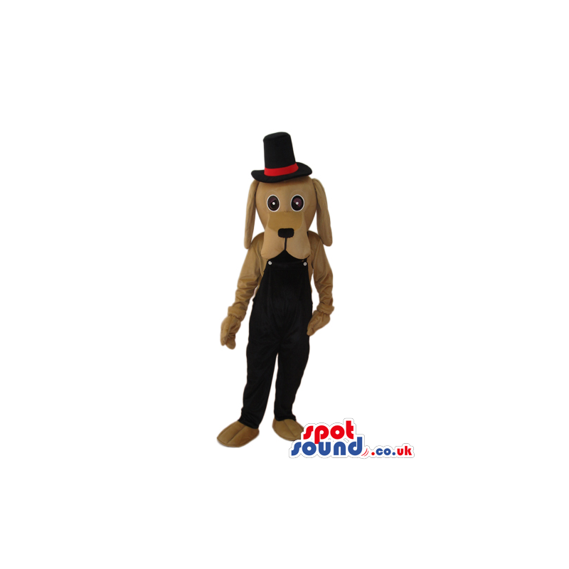 Brown Dog Plush Mascot Wearing Black Overalls And A Top Hat -