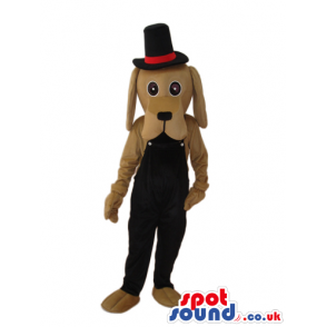 Brown Dog Plush Mascot Wearing Black Overalls And A Top Hat -