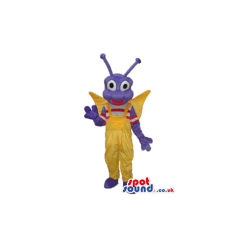 Happy Purple Butterfly Mascot With Yellow Overalls And Wings -