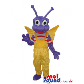 Happy Purple Butterfly Mascot With Yellow Overalls And Wings -