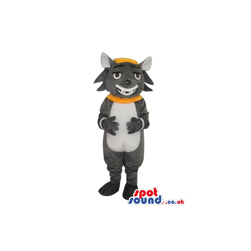 Cartoon Grey Cat Mascot Wearing A Yellow Collar And Cap -