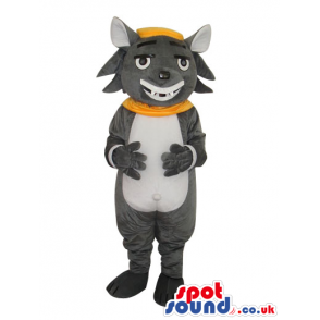 Cartoon Grey Cat Mascot Wearing A Yellow Collar And Cap -