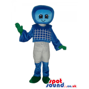 Cute Blue Computer Mascot With White Pants And Green Gloves -