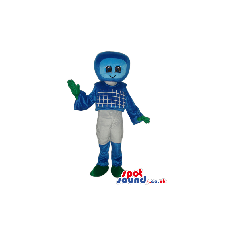 Cute Blue Computer Mascot With White Pants And Green Gloves -